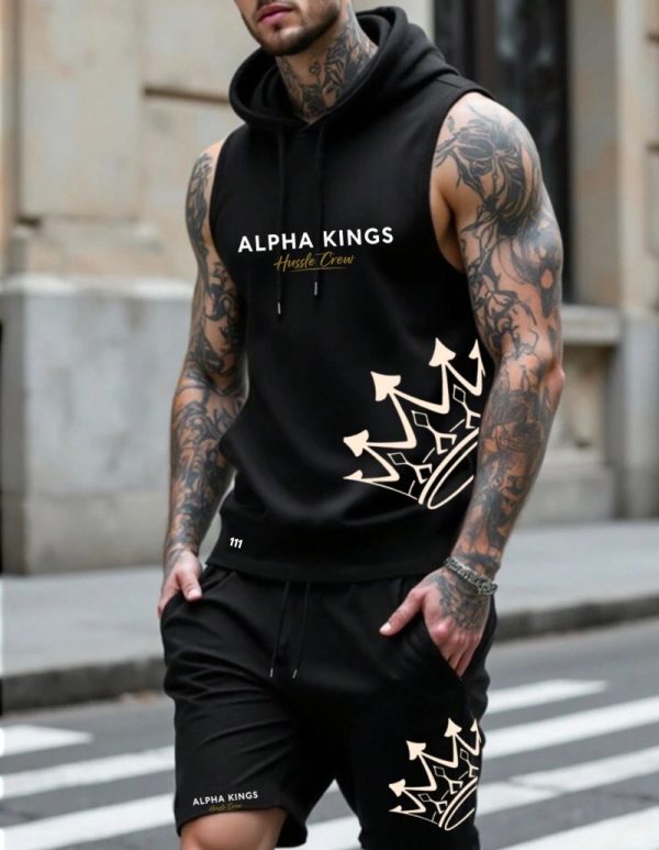 Alpha Kings 111 Men’s Sleeveless Hoodie and Shorts Set - Black
